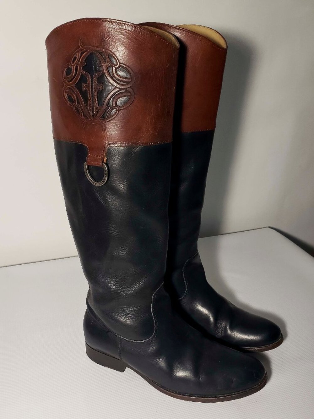 FRYE Black/Brown Melissa Monogram Leather Equestrian Boots 9.5B